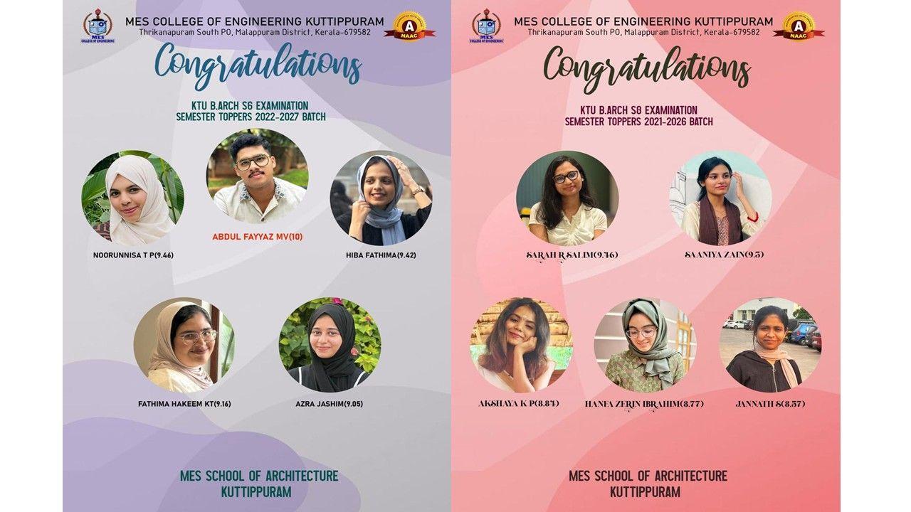 KTU B Arch Examination: S2, S4, S6 & S8 Toppers